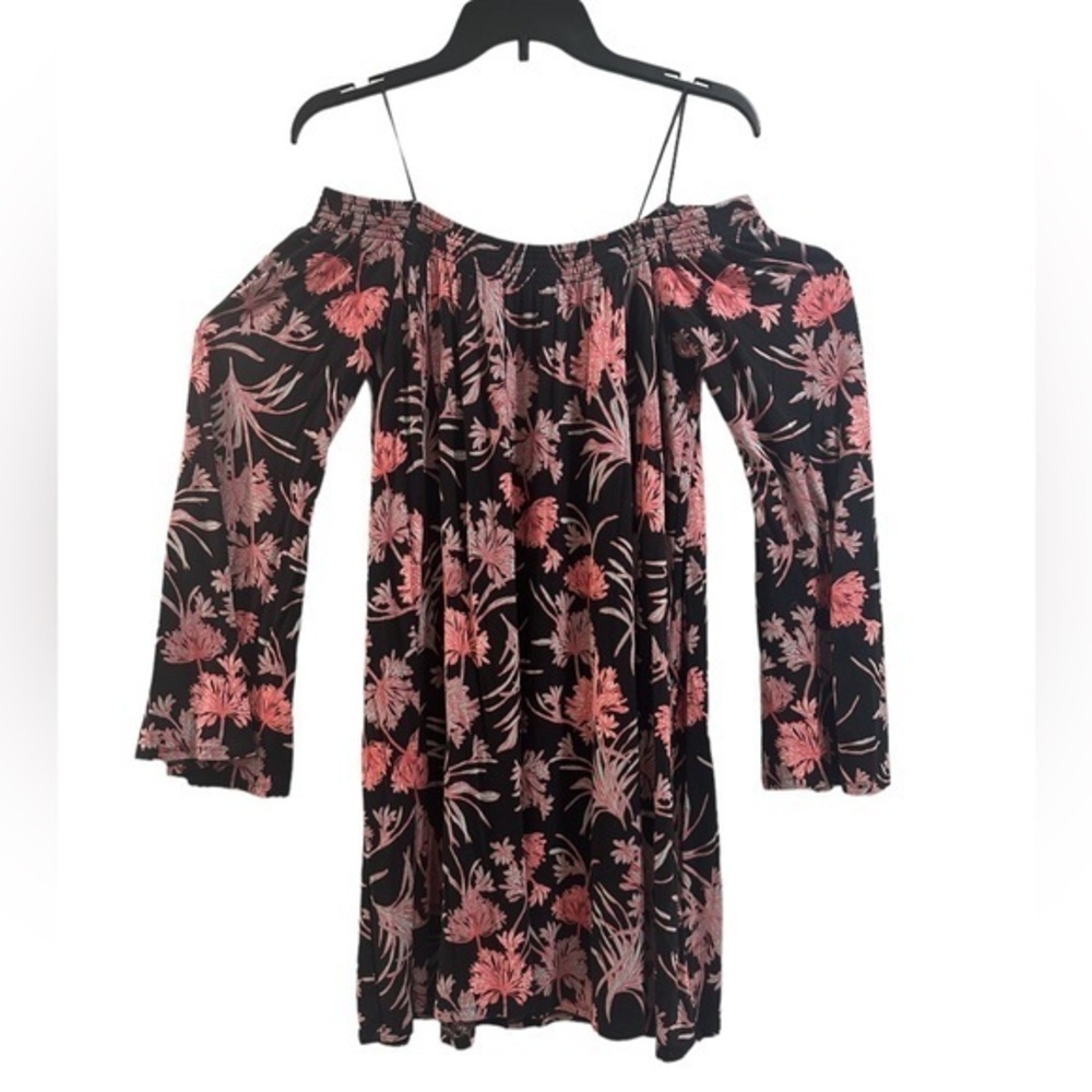 Women’s Black Pink Floral Off The Shoulder Skater Swing Dress Coverup Medium